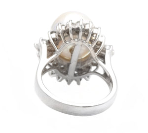 Splendid Natural 13mm Cultured Pearl and Diamond 14K Solid White Gold Ring