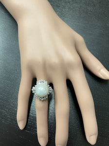Splendid Natural 13mm Cultured Pearl and Diamond 14K Solid White Gold Ring