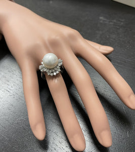Splendid Natural 13mm Cultured Pearl and Diamond 14K Solid White Gold Ring