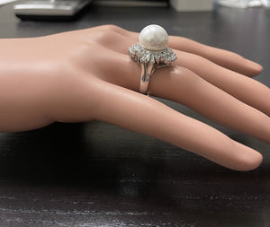 Splendid Natural 13mm Cultured Pearl and Diamond 14K Solid White Gold Ring
