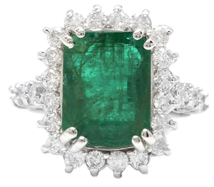 5.00 Carats Natural Emerald and Diamond 14K Solid White Gold Ring
