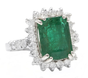 5.00 Carats Natural Emerald and Diamond 14K Solid White Gold Ring