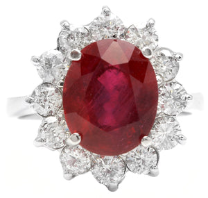 7.60 Carats Impressive Red Ruby and Diamond 14K Solid White Gold Ring