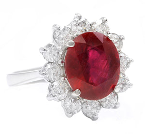 7.60 Carats Impressive Red Ruby and Diamond 14K Solid White Gold Ring