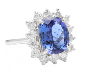 5.60 Carats Natural Very Nice Looking Tanzanite and Diamond 14K Solid White Gold Ring