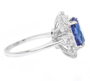 5.60 Carats Natural Very Nice Looking Tanzanite and Diamond 14K Solid White Gold Ring