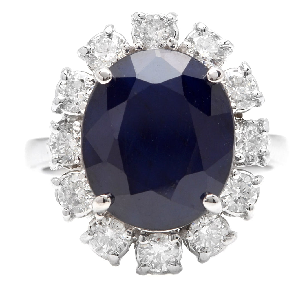8.80 Carats Exquisite Natural Blue Sapphire and Diamond 14K Solid White Gold Ring