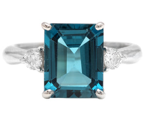 3.48ct Natural London Blue Topaz and Diamond 14k Solid White Gold Ring