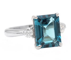 3.48ct Natural London Blue Topaz and Diamond 14k Solid White Gold Ring