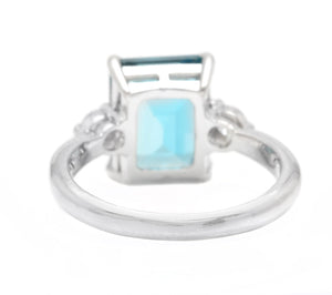 3.48ct Natural London Blue Topaz and Diamond 14k Solid White Gold Ring