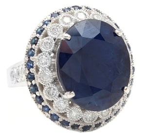 16.80ct Natural Blue Sapphire & Diamond 14k Solid White Gold Ring