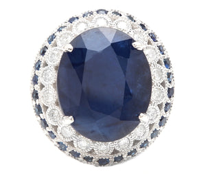 16.80ct Natural Blue Sapphire & Diamond 14k Solid White Gold Ring