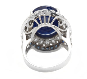 16.80ct Natural Blue Sapphire & Diamond 14k Solid White Gold Ring