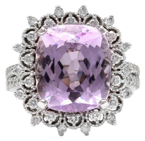 7.00 Carats Natural Kunzite and Diamond 14K Solid White Gold Ring