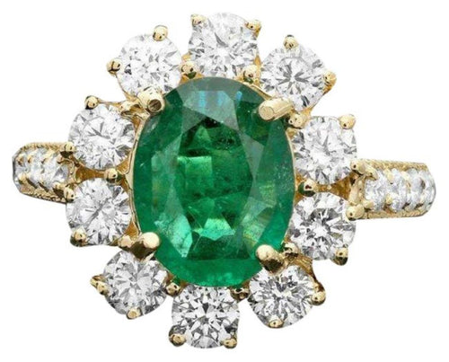 3.30 Carats Natural Emerald and Diamond 14K Solid Yellow Gold Ring