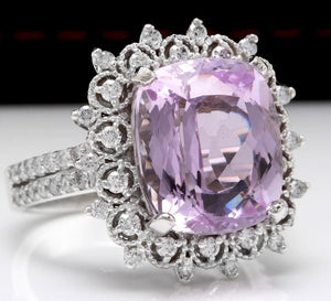 7.00 Carats Natural Kunzite and Diamond 14K Solid White Gold Ring