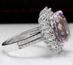 7.00 Carats Natural Kunzite and Diamond 14K Solid White Gold Ring