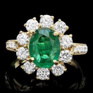 3.30 Carats Natural Emerald and Diamond 14K Solid Yellow Gold Ring