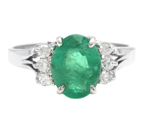 2.20 Carats Natural Emerald and Diamond 14K Solid White Gold Ring