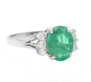 2.20 Carats Natural Emerald and Diamond 14K Solid White Gold Ring