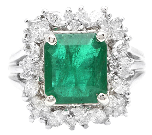 5.65 Carats Natural Emerald and Diamond 14K Solid White Gold Ring