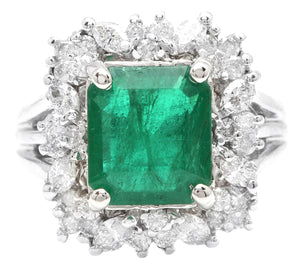 5.65 Carats Natural Emerald and Diamond 14K Solid White Gold Ring