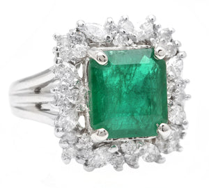 5.65 Carats Natural Emerald and Diamond 14K Solid White Gold Ring