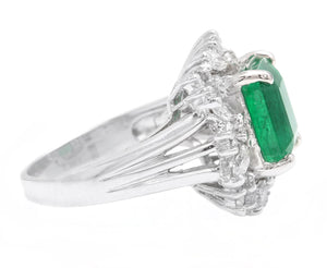 5.65 Carats Natural Emerald and Diamond 14K Solid White Gold Ring