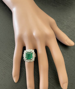 5.65 Carats Natural Emerald and Diamond 14K Solid White Gold Ring