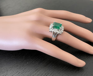 5.65 Carats Natural Emerald and Diamond 14K Solid White Gold Ring