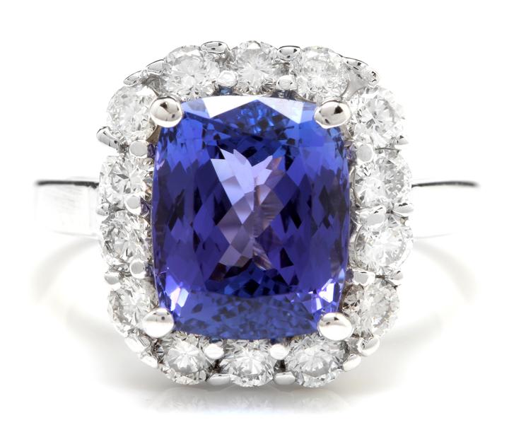 5.80 Carats Natural Very Nice Looking Tanzanite and Diamond 14K Solid White Gold Ring