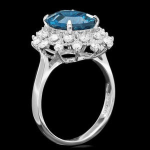 4.50 Carats Natural Blue Topaz and Diamond 14K Solid White Gold Ring