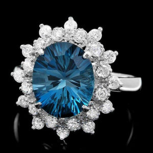 4.50 Carats Natural Blue Topaz and Diamond 14K Solid White Gold Ring