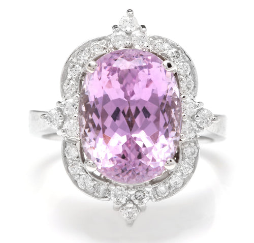 7.00 Carats Natural Kunzite and Diamond 14K Solid White Gold Ring