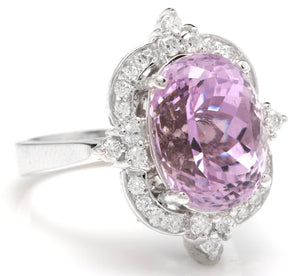 7.00 Carats Natural Kunzite and Diamond 14K Solid White Gold Ring