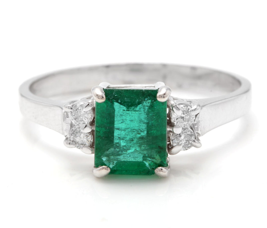 1.62 Carats Natural Emerald and Diamond 14K Solid White Gold Ring
