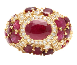 8.70 Carats Natural Red Ruby and Diamond 14K Solid Yellow Gold Ring