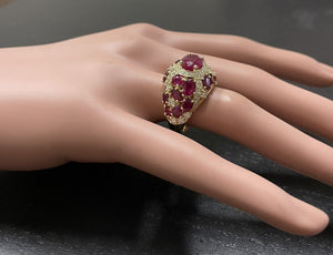 8.70 Carats Natural Red Ruby and Diamond 14K Solid Yellow Gold Ring
