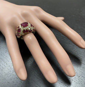 8.70 Carats Natural Red Ruby and Diamond 14K Solid Yellow Gold Ring