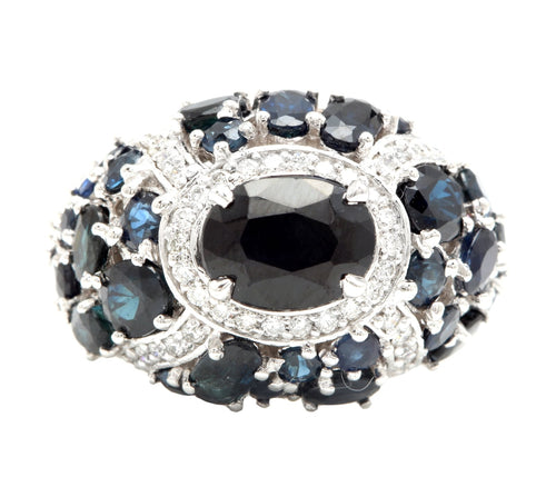 10.10Ct Natural Blue Sapphire and Natural Diamond 14K Solid White Gold Ring