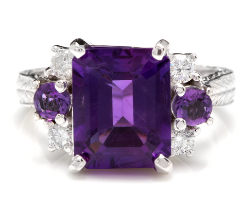 4.70 Carats Natural Amethyst and Diamond 14K Solid White Gold Ring