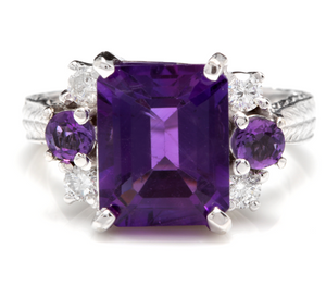 4.70 Carats Natural Amethyst and Diamond 14K Solid White Gold Ring