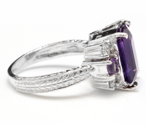 4.70 Carats Natural Amethyst and Diamond 14K Solid White Gold Ring