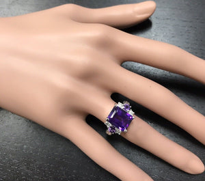 4.70 Carats Natural Amethyst and Diamond 14K Solid White Gold Ring