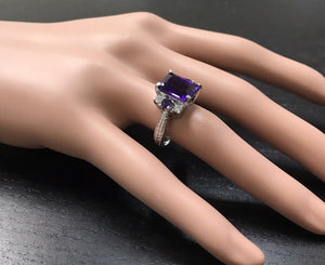 4.70 Carats Natural Amethyst and Diamond 14K Solid White Gold Ring