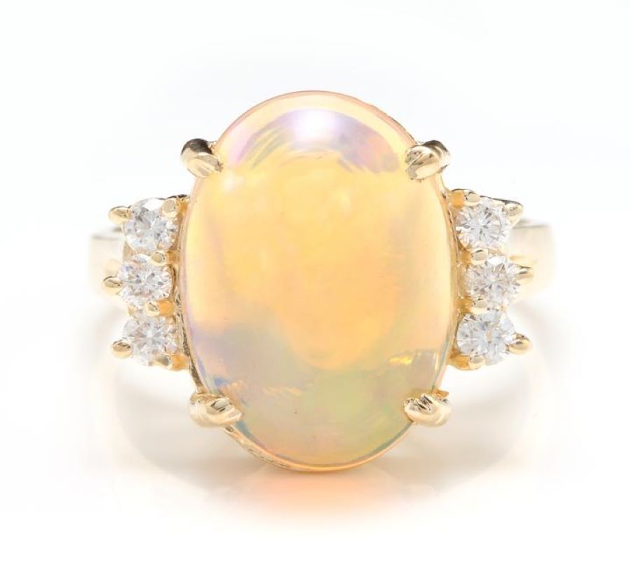 6.10 Carats Natural Impressive Ethiopian Opal and Diamond 14K Solid Yellow Gold Ring
