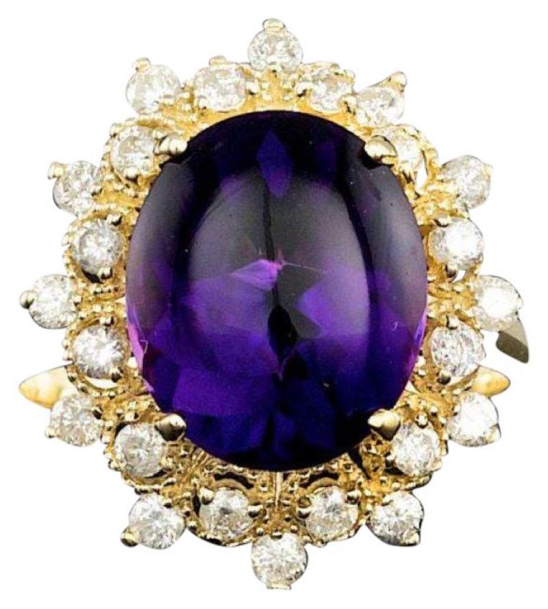 5.50 Carats Natural Amethyst and Diamond 14K Solid Yellow Gold Ring