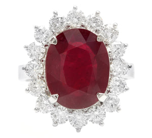 8.20 Carats Natural Red Ruby and Diamond 14K Solid White Gold Ring