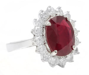 8.20 Carats Natural Red Ruby and Diamond 14K Solid White Gold Ring