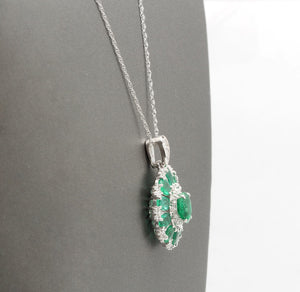 4.10Ct Natural Emerald and Diamond 14K Solid White Gold Necklace